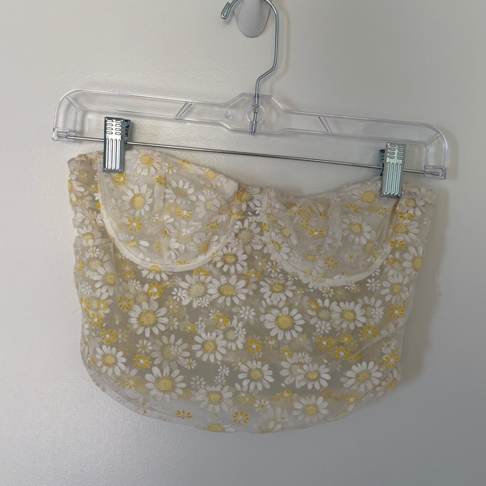 Zara White and Yellow Daisy Mesh Bustier Crop Top